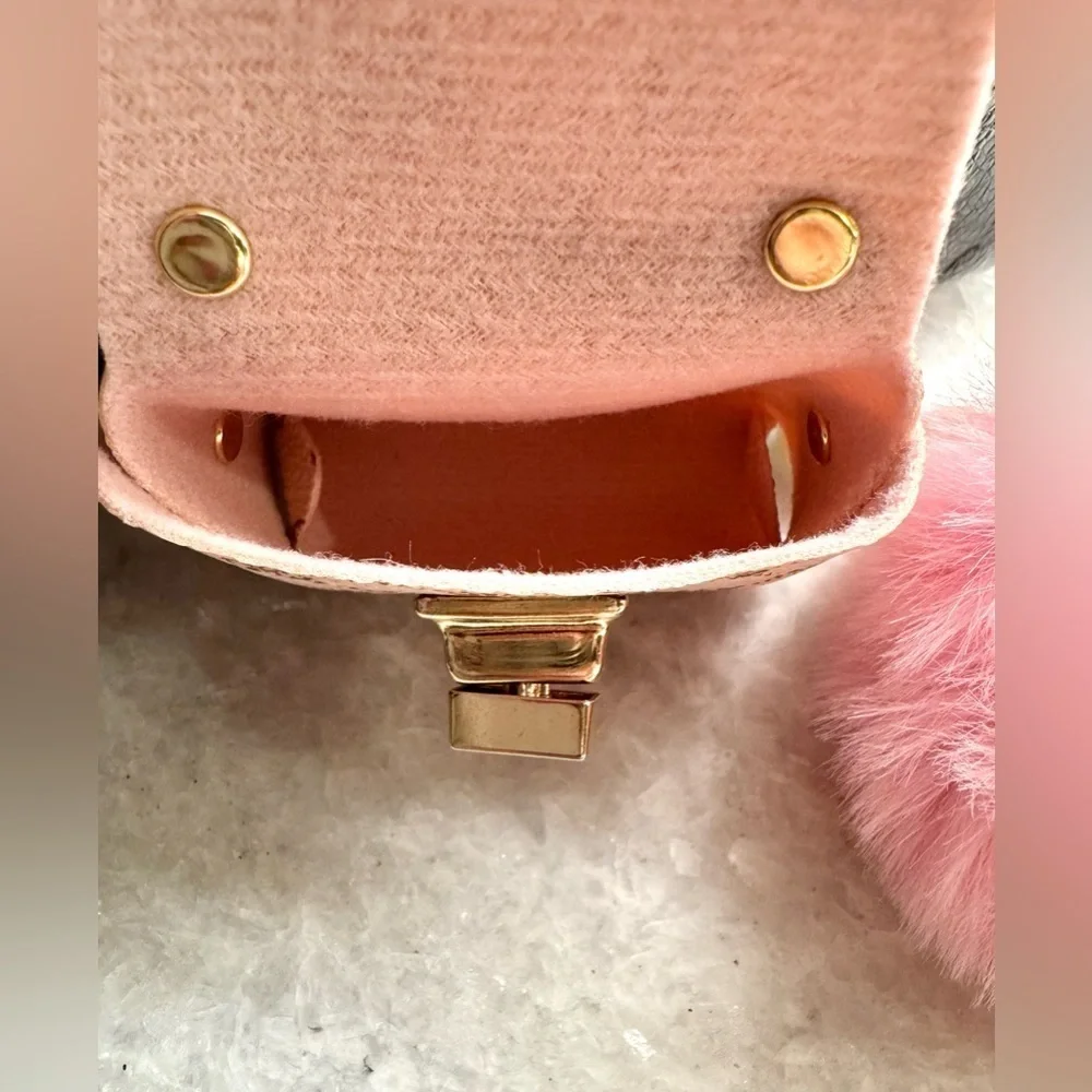 New Pink Faux Leather Mini Bag Purse Charm Keychain w/ Crown Charm & Pom Pom